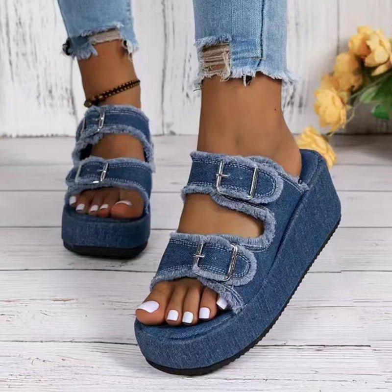 Women's Denim Buckle Platform Wedge Sandals