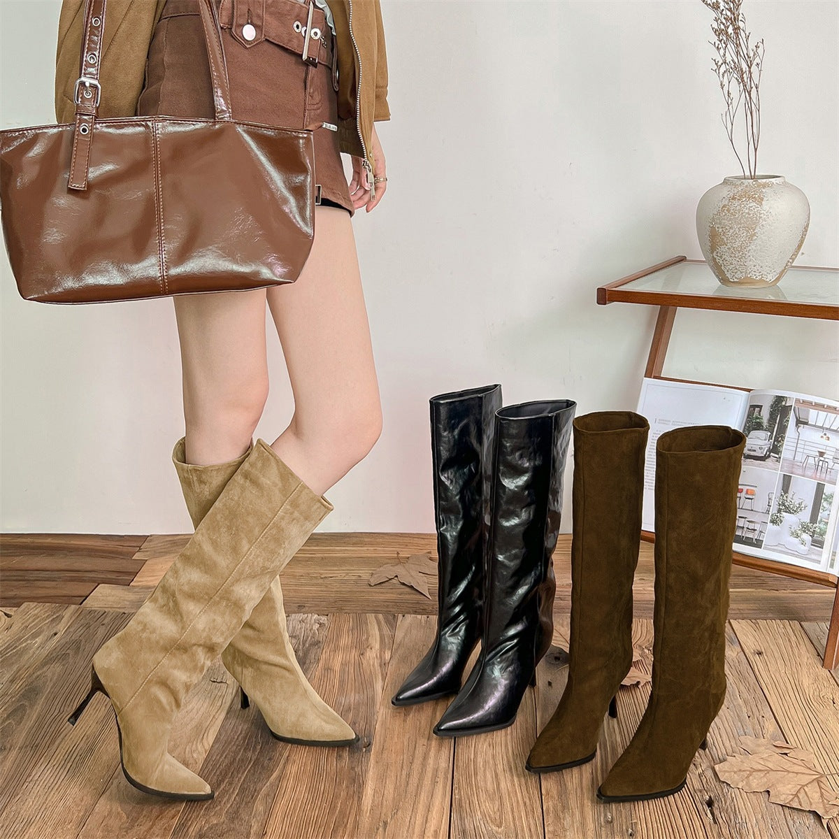 Pointed-toe Stiletto High Boots Womens Tall Boots Suede High-heeled Thigh-high Boots