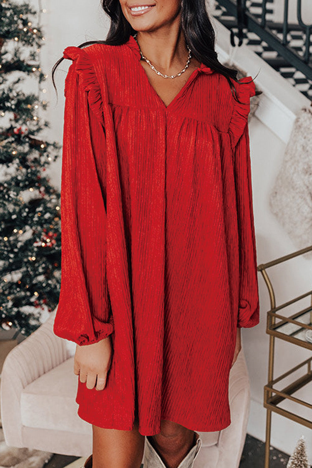 Fiery Red Textured Ruffled Trim V-neck Loose Fit Mini Dress