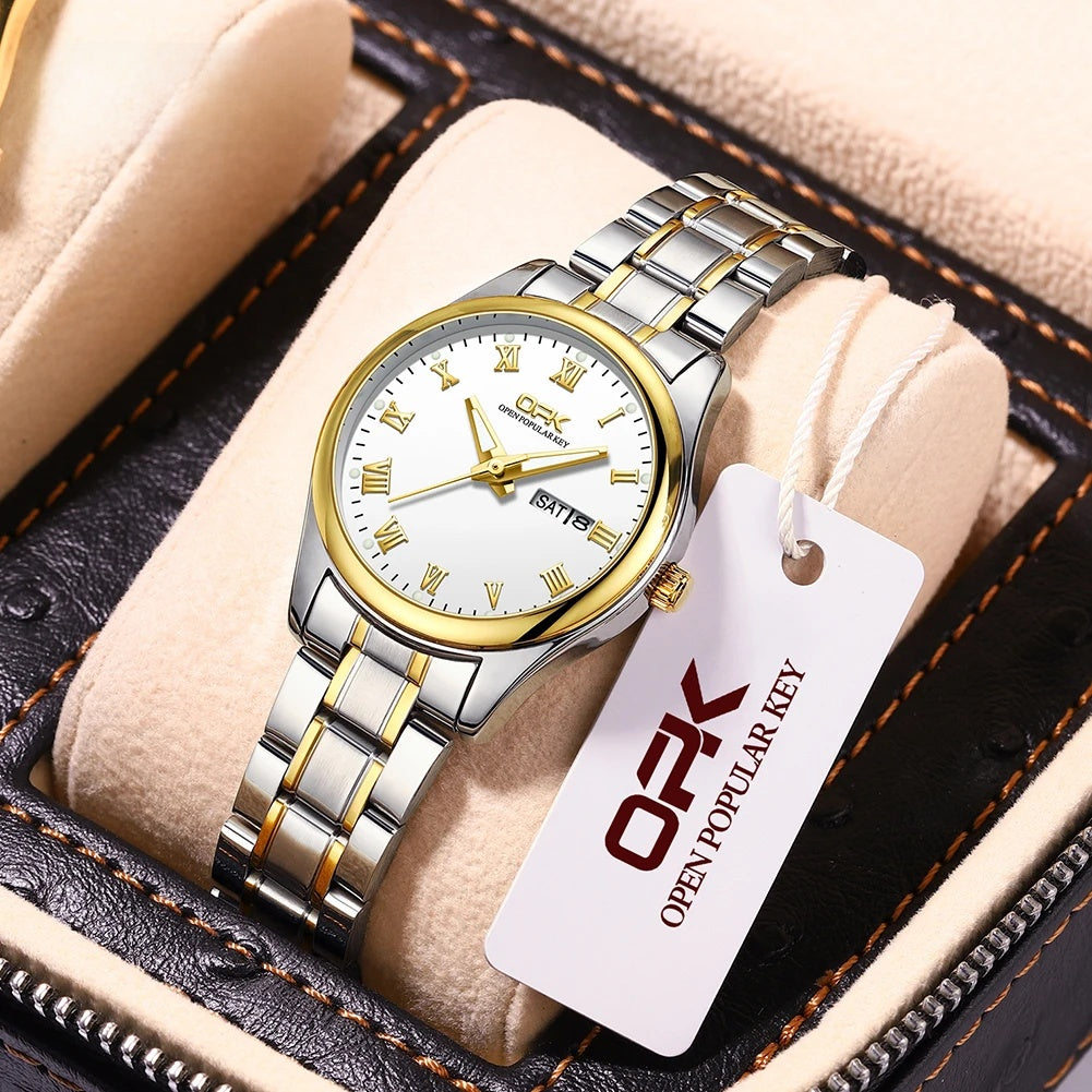 Women's 28mm Roman Numeral Day-Date Quartz Watch, Steel Bracelet