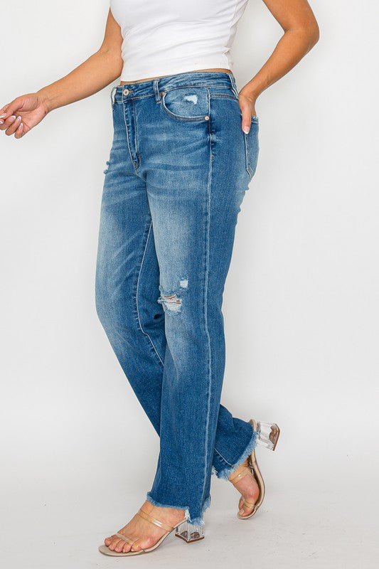 Jeans rectos a la altura de la cadera bytos, con bajo deshilachado y efecto desgastado