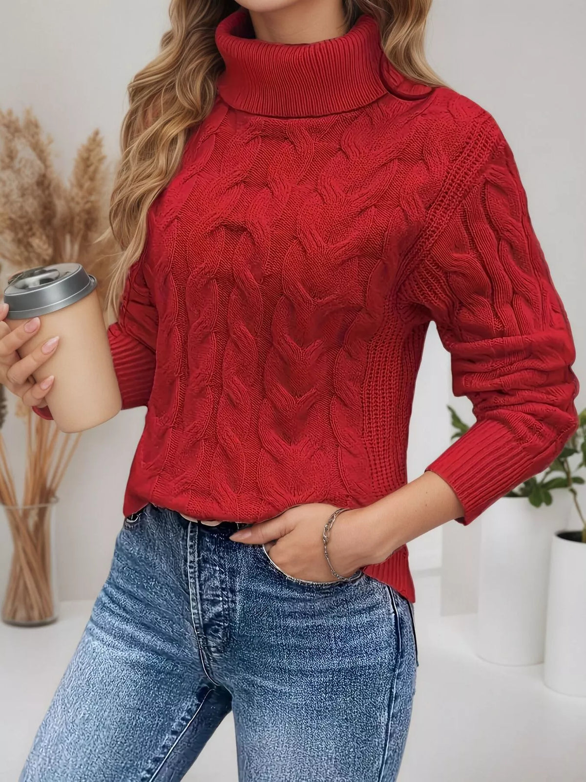 Cable Knit Turtleneck Long Sleeve Sweater