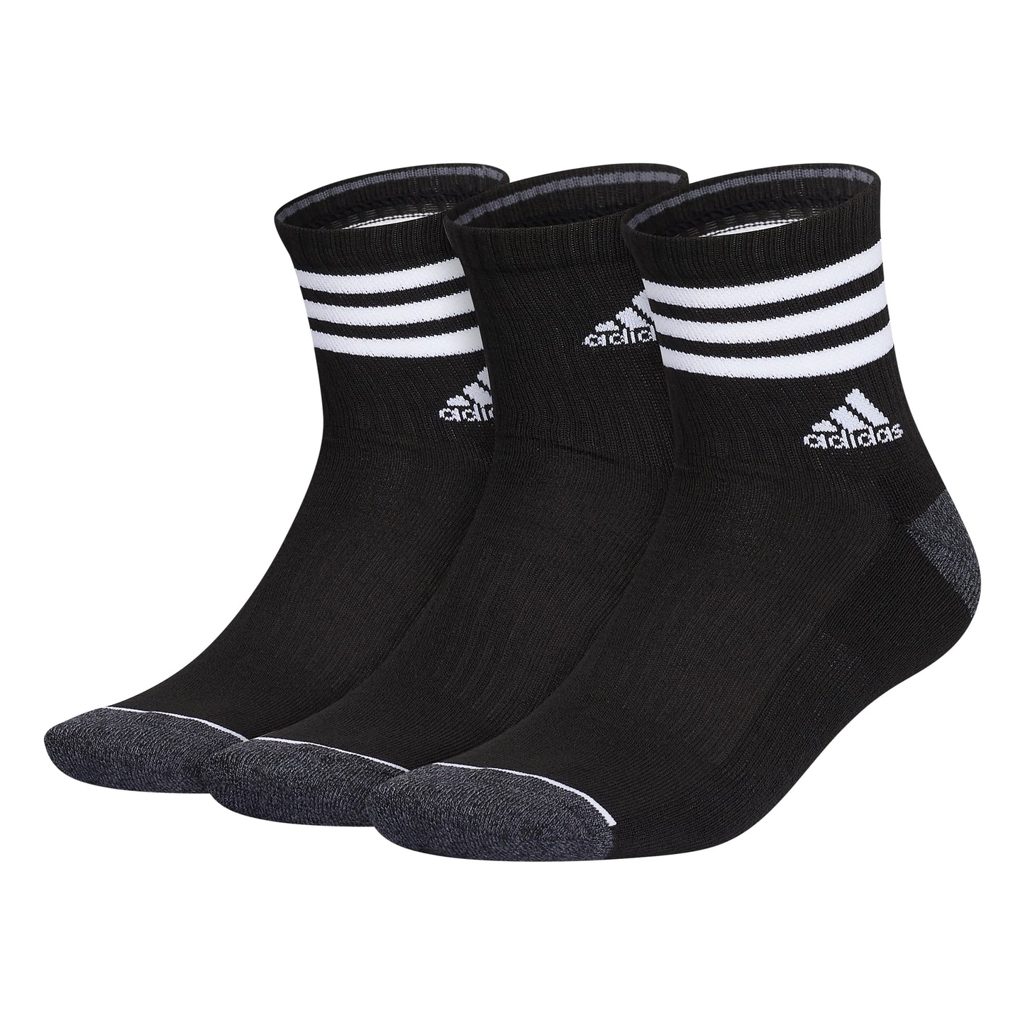 adidas Mens 3-Stripe High Quarter Socks with Arch Compression (3-Pair) Black/Onix Grey/White Large