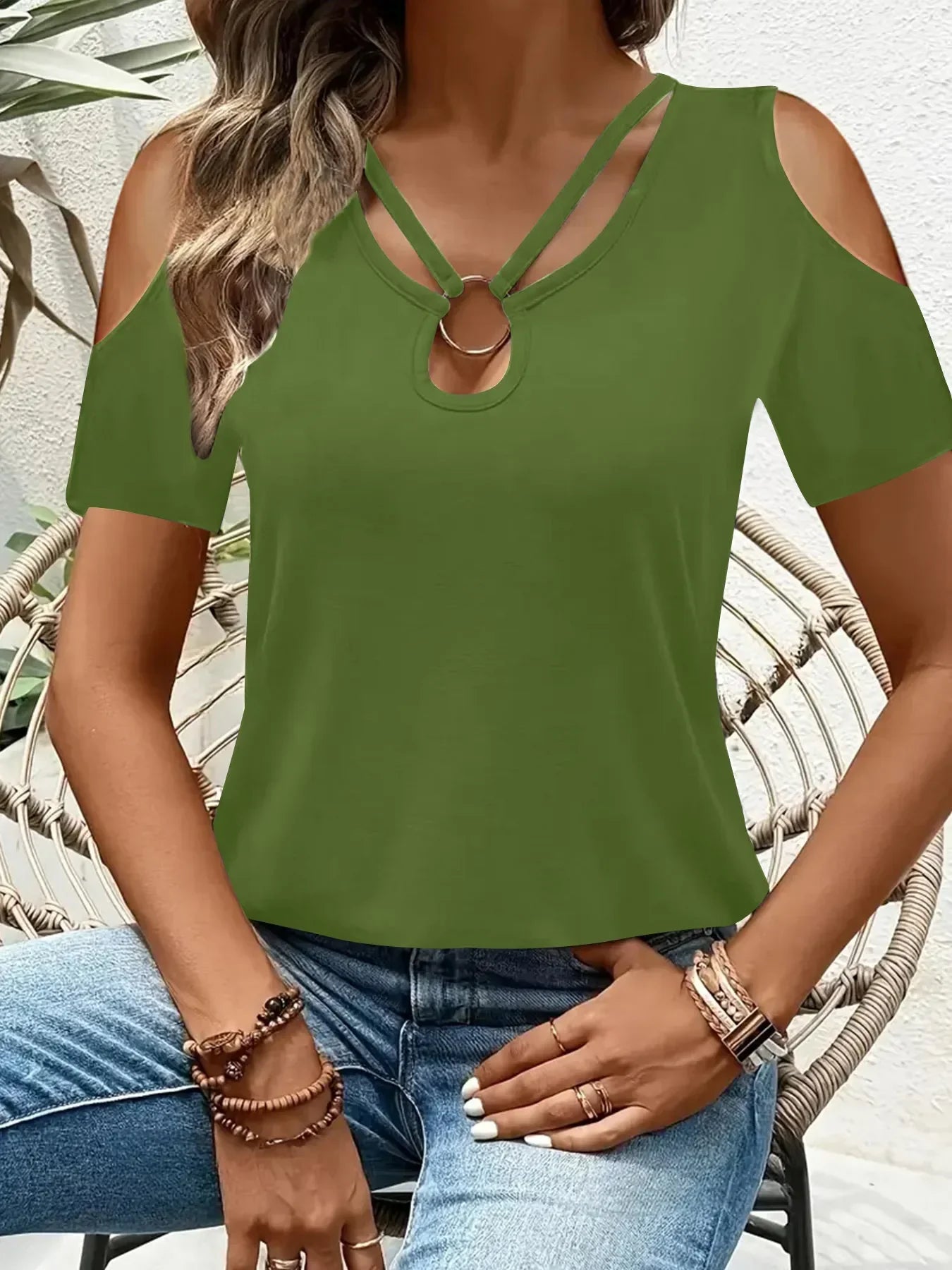 Cold Shoulder T-Shirt with Metal Ring Detail