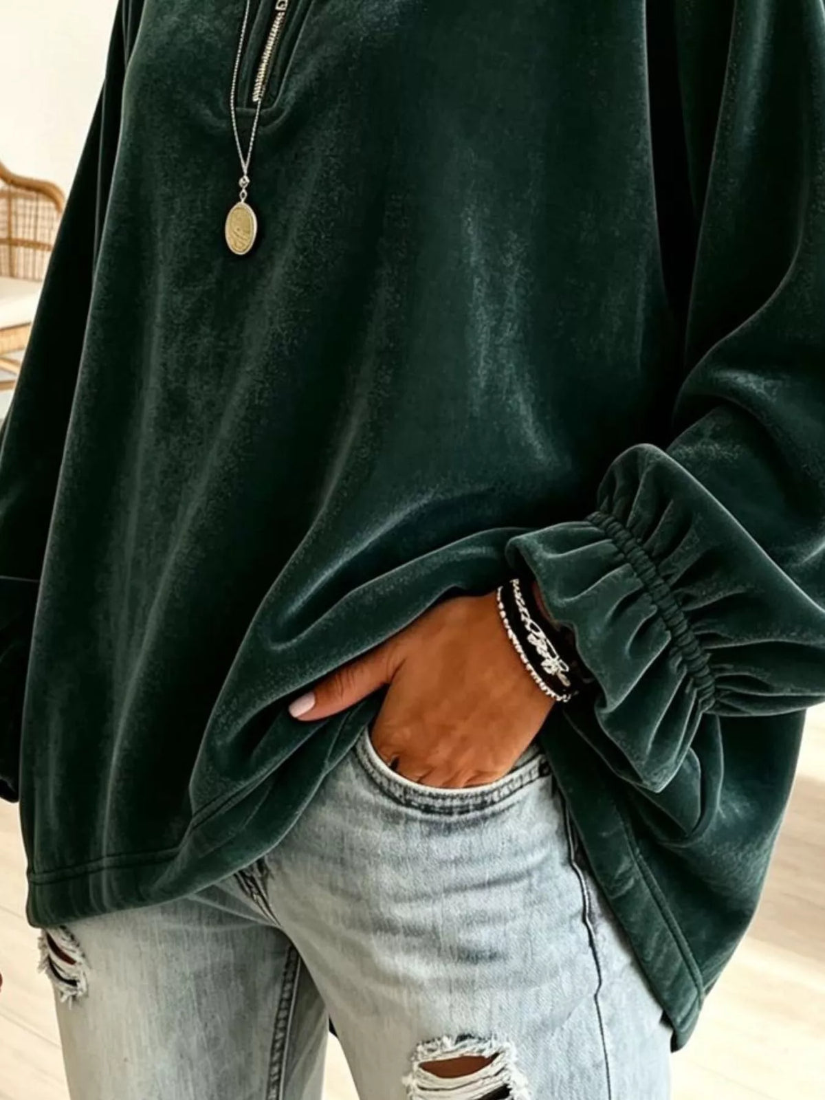 Velvet Quarter-Zip Sweatshirt with Ruffled Cuffs