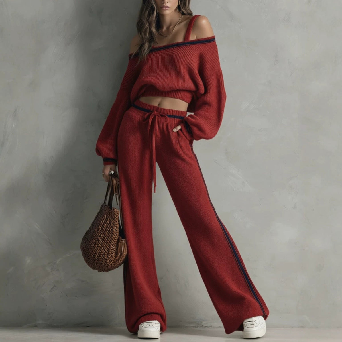 Arrival Eye-color Off-shoulder Sweater And Wide-leg Pants Two-piece Set