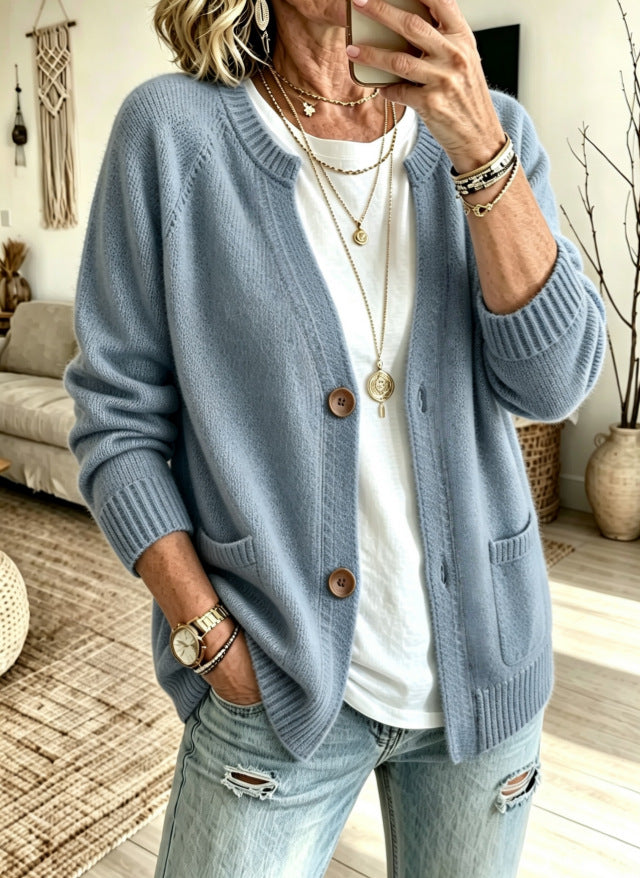 European And American-style Knitted Cardigan Sweater With A Stand-up Collar