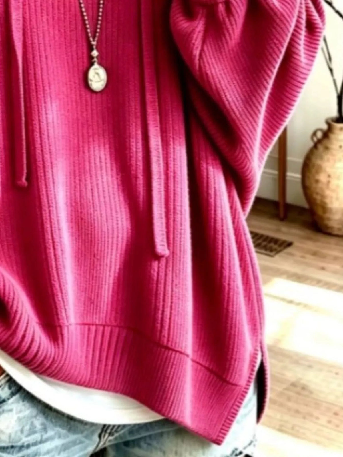 Drawstring Ribbed Knit Hoodie