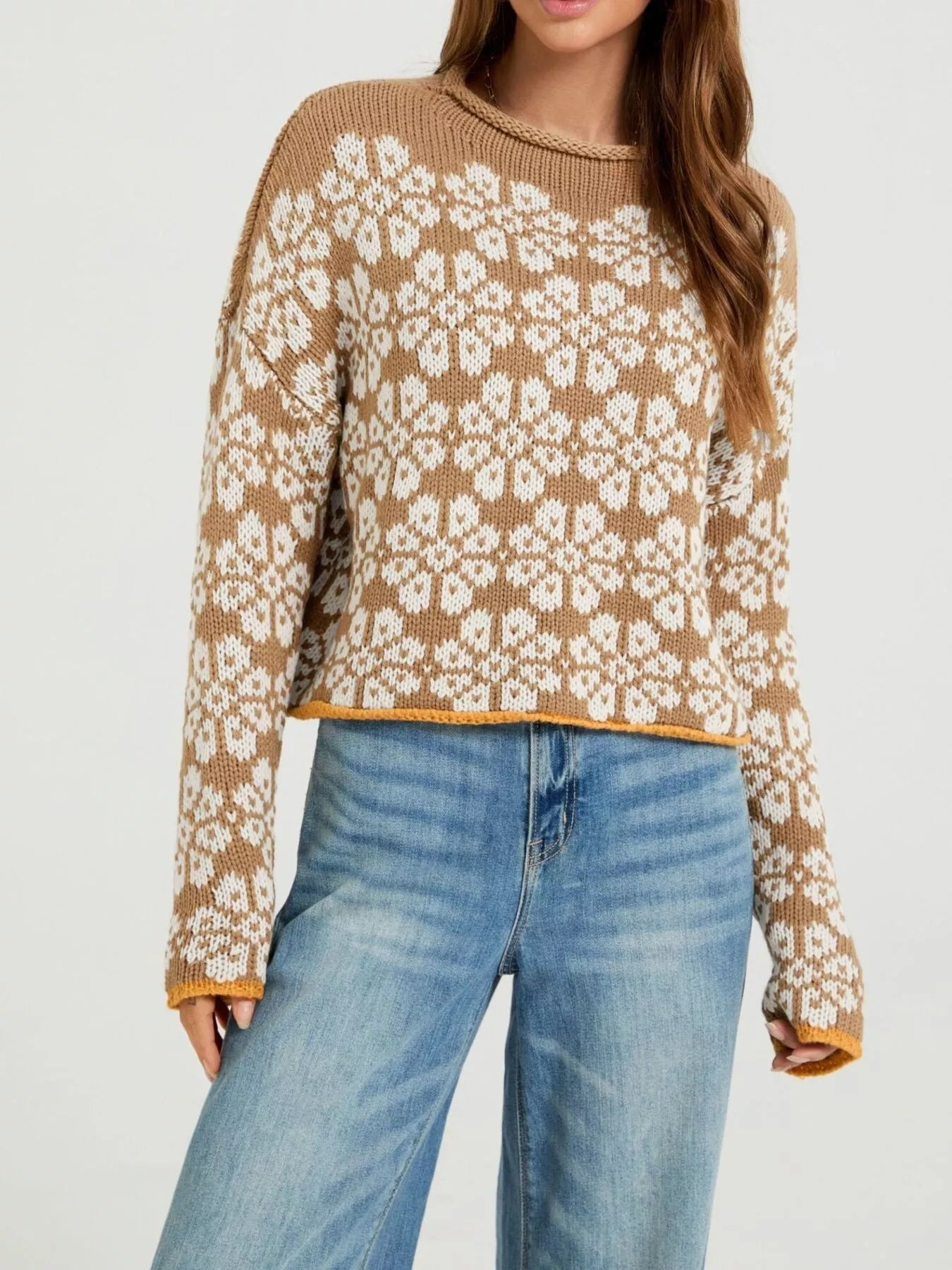 Floral Contrast Trim Dropped Shoulder Sweater