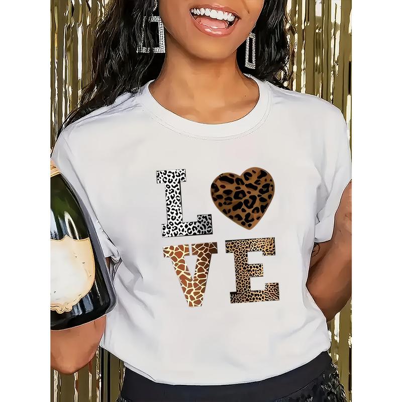 Women's Leopard Heart LOVE T-Shirt – Casual Crewneck Summer Streetwear