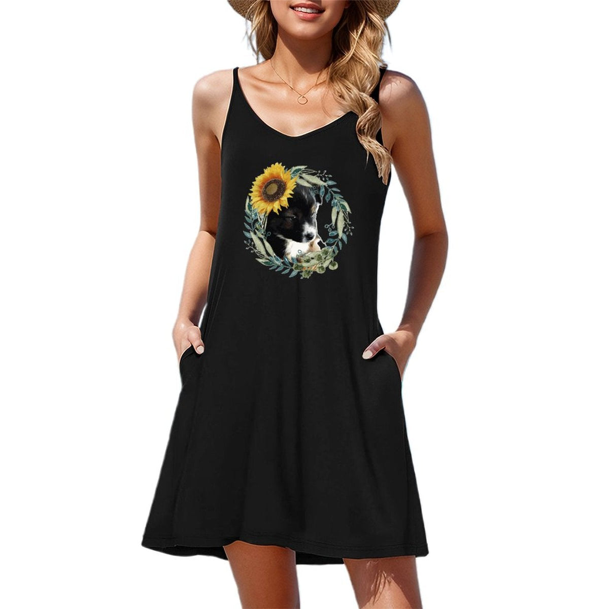 Cute Black Puppy Sleeveless Short Cami Dress (Front Printing)