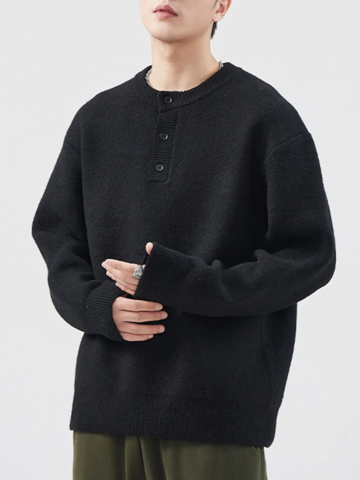 Men's Plus Size Button Detail Ribbed Hem Sweater