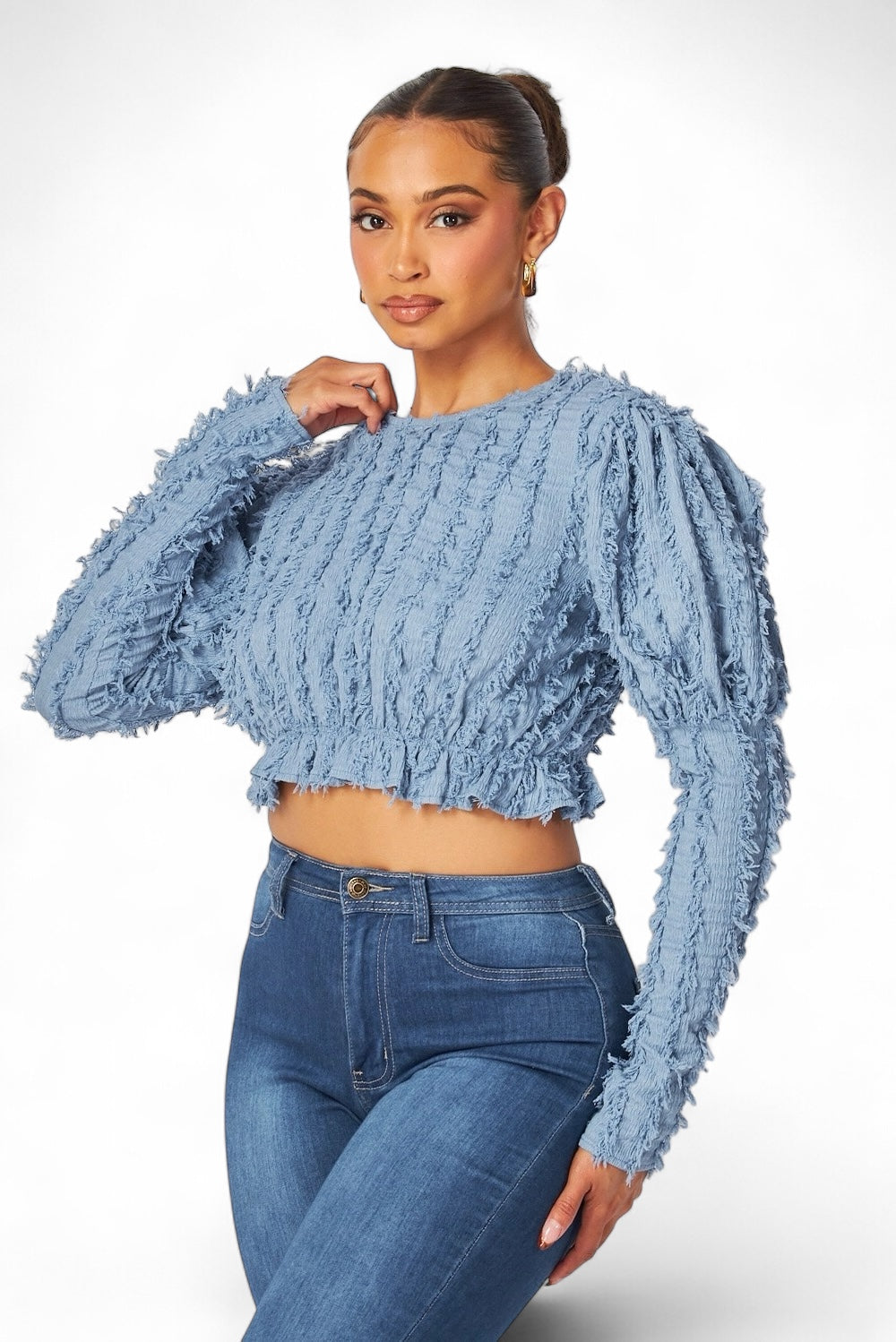 Top corto peplum Alexandria Puff de manga larga y peludo