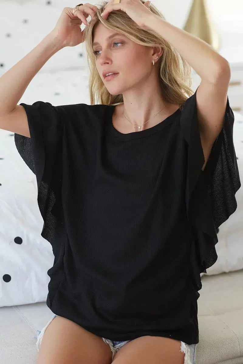 Women's Thermal Knit Top Thermal Top - Knit Ruffle Sleeve - Women's