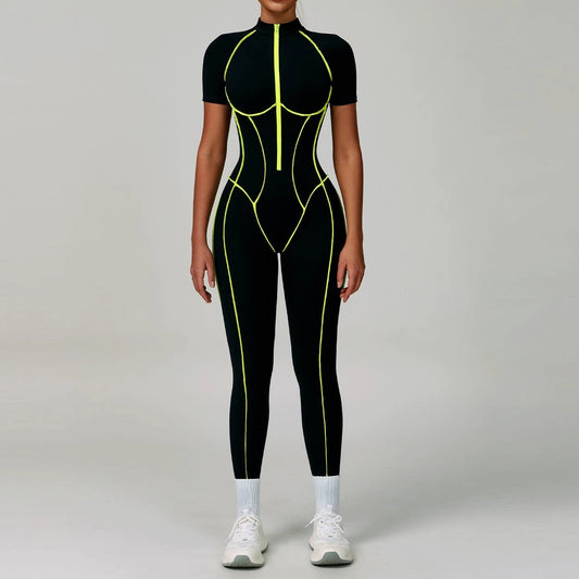Ropa de yoga deportiva de color en contraste, mono ajustado con espalda hueca