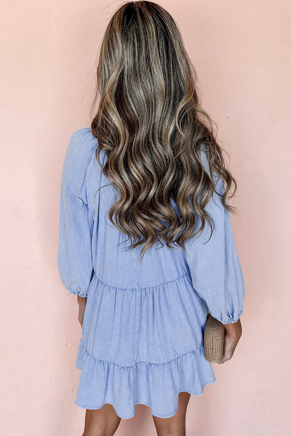 Minivestido Chambray Escote en Pico Manga Abullonada con Volantes por Niveles Azul Beau