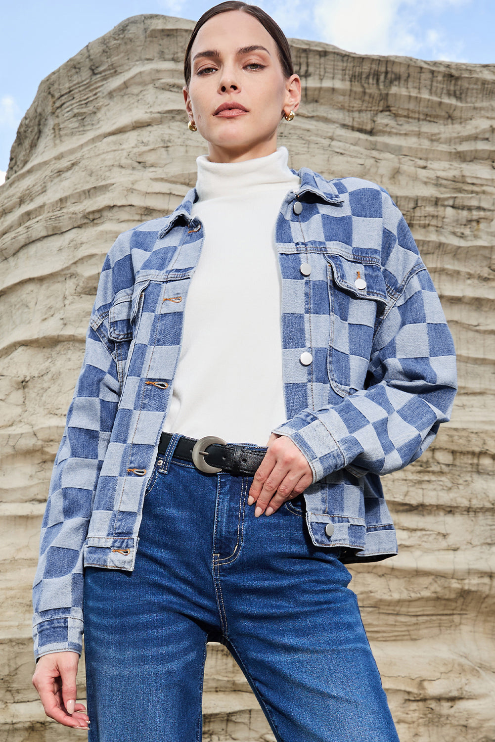 Chaqueta de jean con botones, a cuadros patchwork azul claro