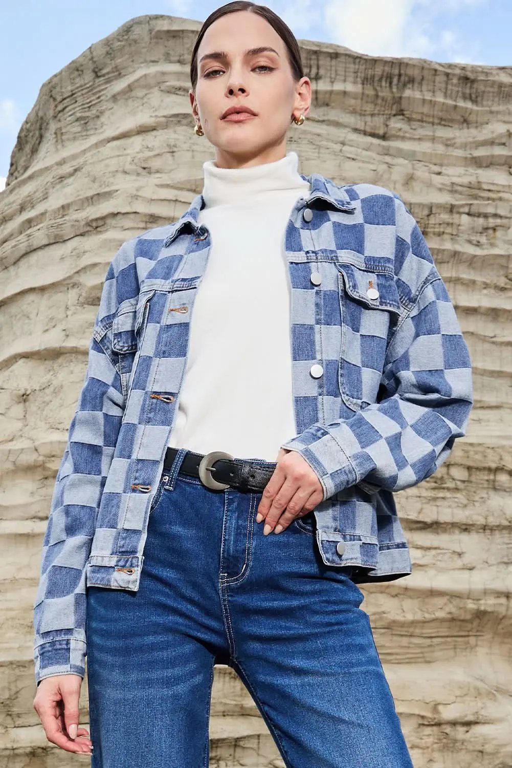 Jackets Love Salve Denim Jacket Women's Daily Wear Checkered Patchwork Button-Up Casual Spring