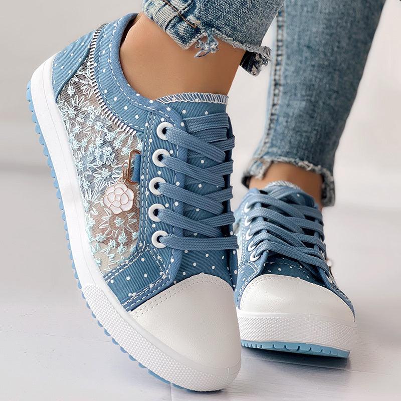 Zapatillas Informales de Lona con Estampado de Lunares y Bordado Floral para Mujer