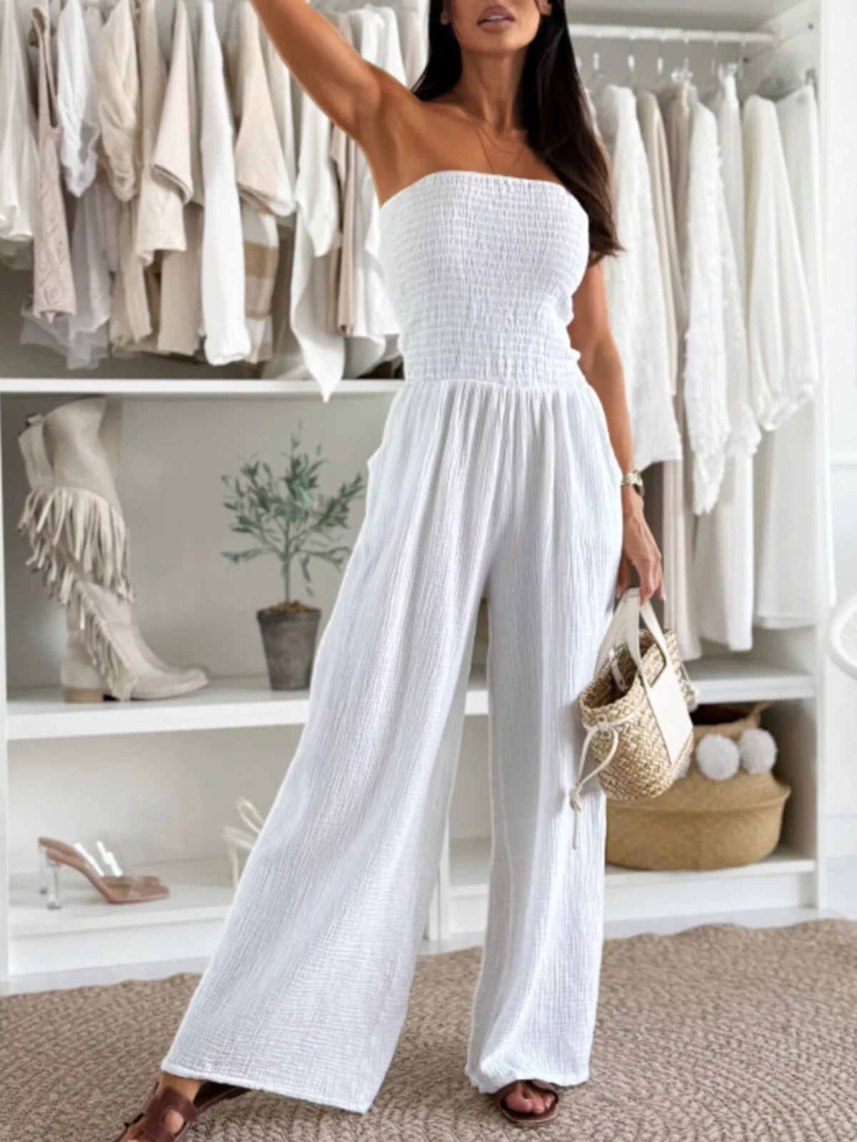Smocked Tube Wide-Leg Jumpsuit