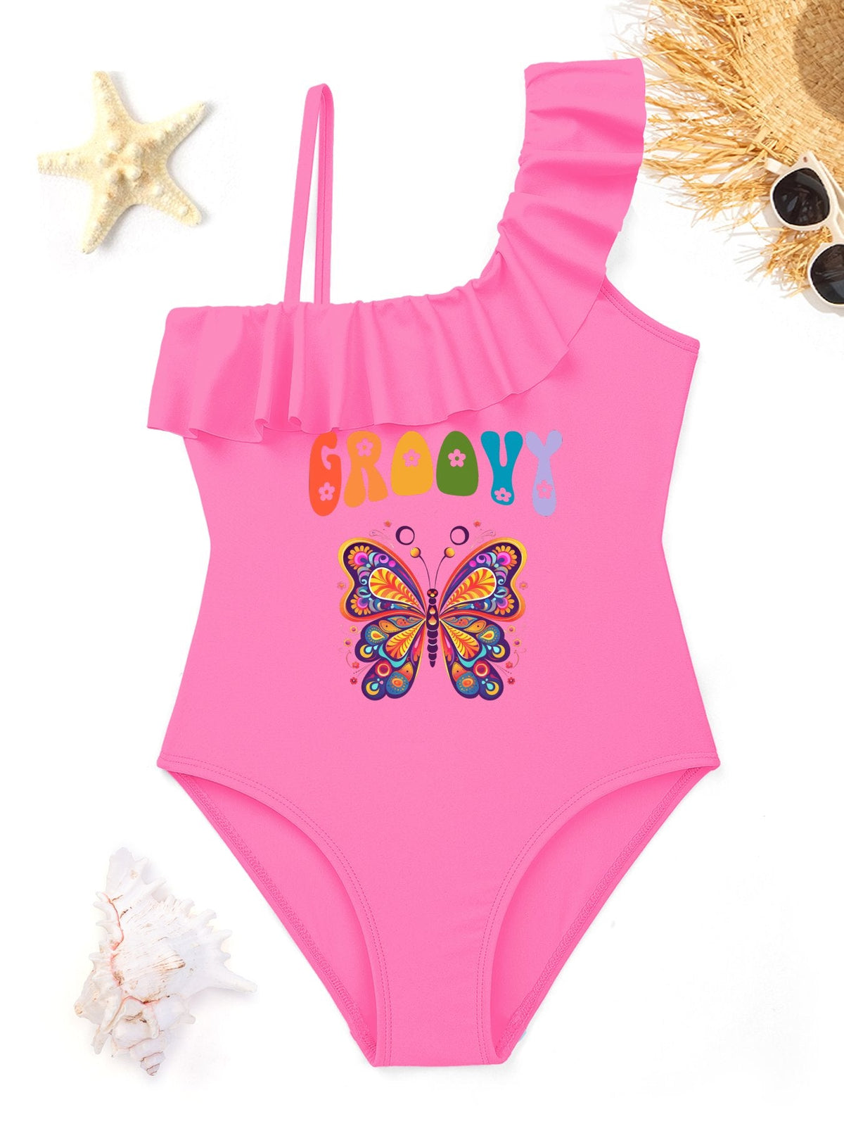 Groovy Butterfly Girls' Ruffled One-Piece Swimsuit (Front Printing)