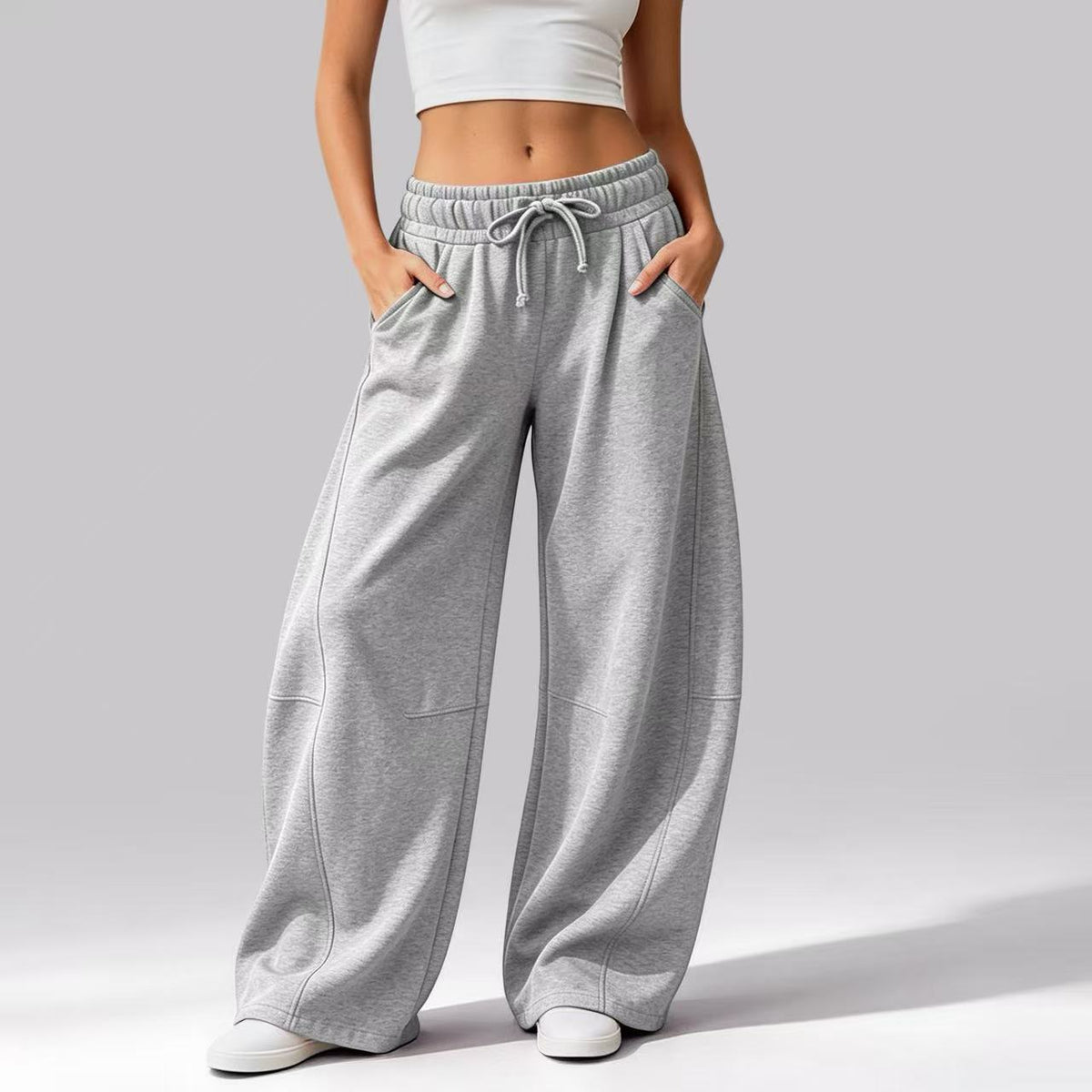 Women's Solid Color Casual Pocket Wide-Leg Pants, Fleece-Lined Drawstring Sweatpants