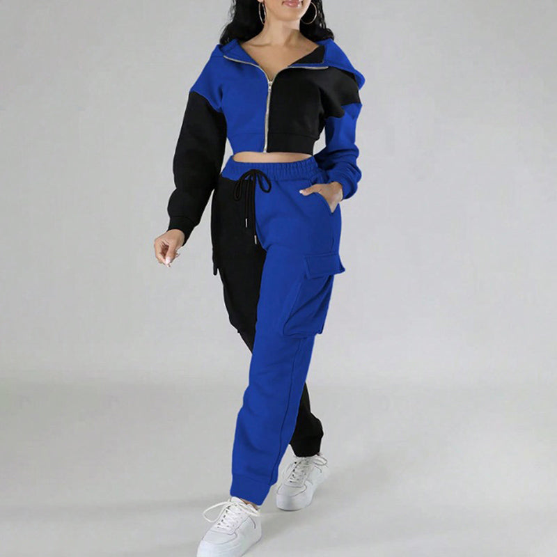 Women's Color Block 2 Piece Set, Full Zip Up Cropped Hoodie Jacket & Drawstring Cargo Pants, Casual Streetwear Outfit See size chart under “more details”