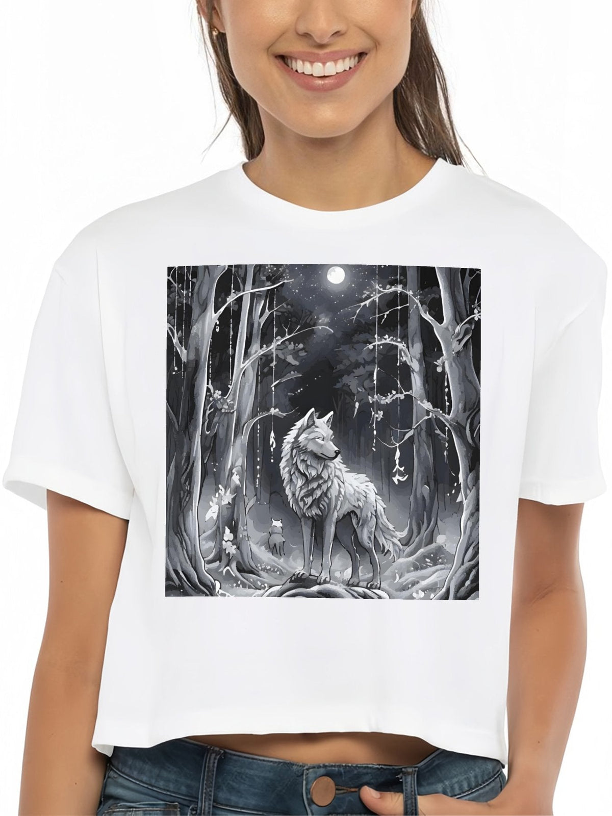 Ethereal Wolf in the Moonlight Cotton Crop Top for Women (Front Printing)