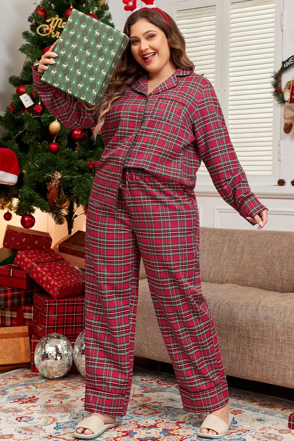 Pants Love Salve Red Plaid Lounge Set Women's Plus Size Pajama Set Comfy & Stylish