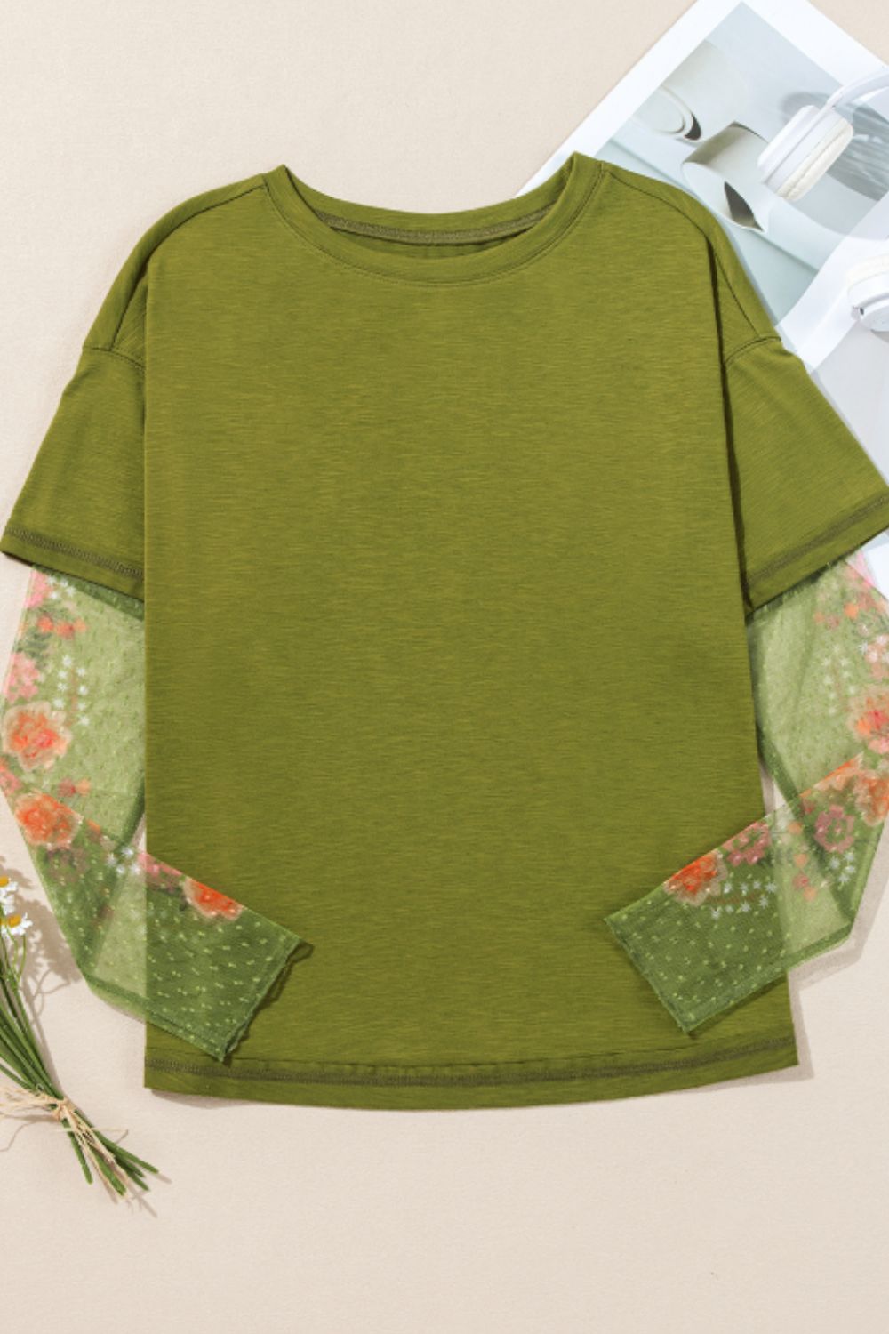 Top de manga larga patchwork floral efecto dos piezas