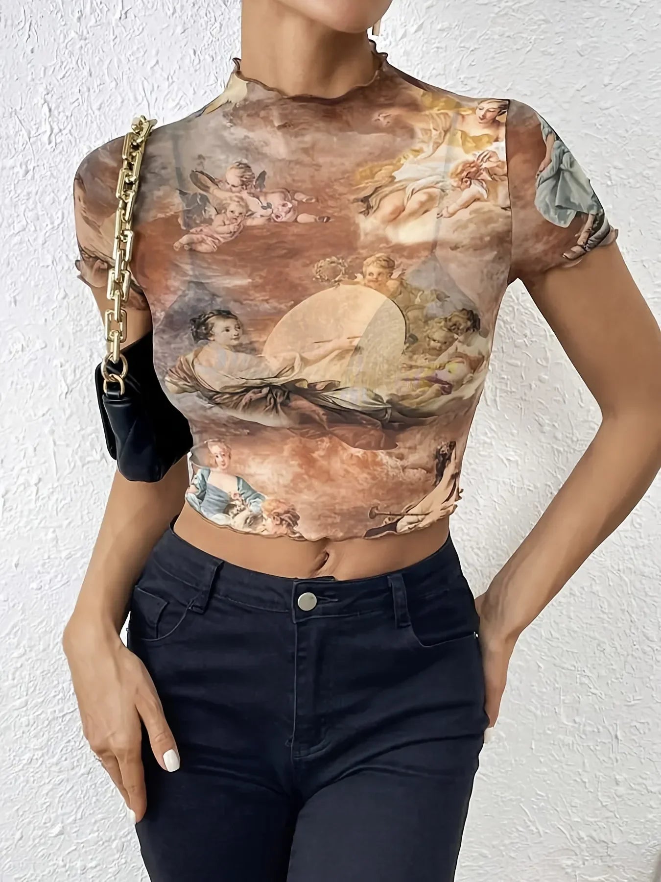 Abstract Print Ruffled Mock Neck Crop T-Shirt | Trendy Streetwear – Bona Fide Fashion
