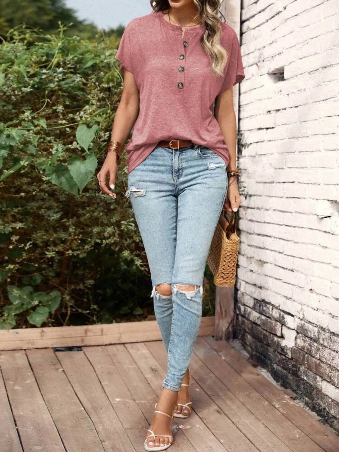 Half Button Short Sleeve Top