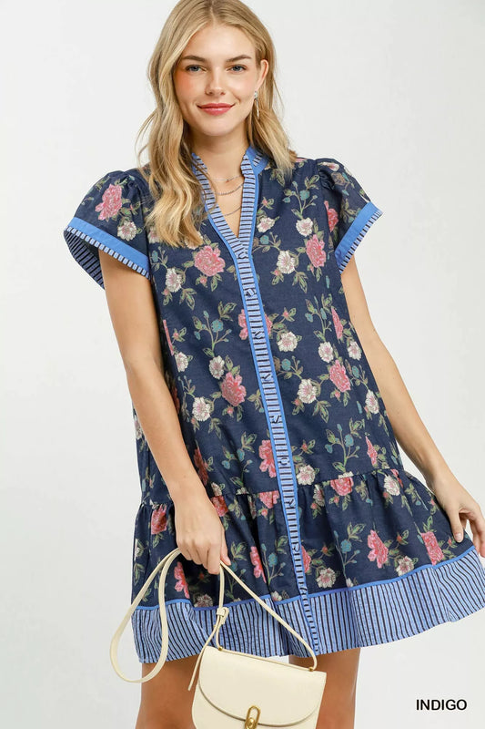 Umgee Floral Contrast Trim Ruffle Hem Mini Dress in Indigo