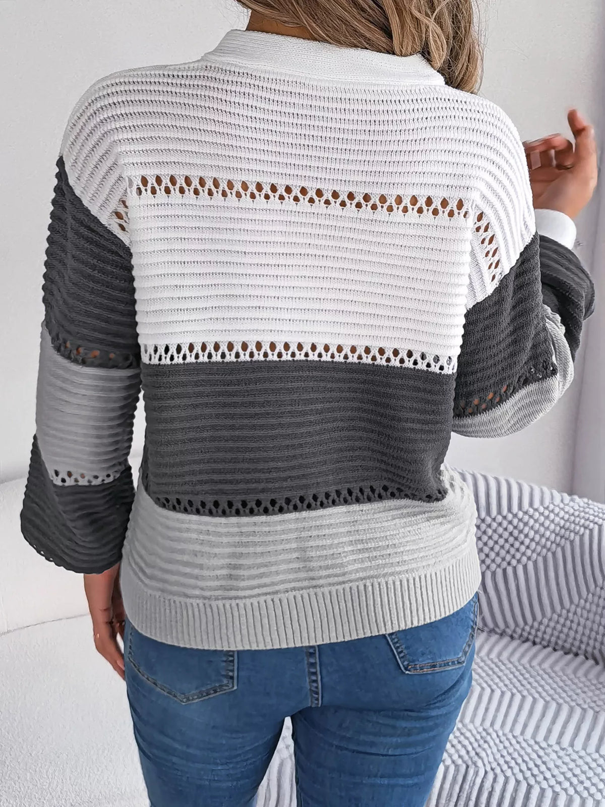 Color Block Striped V-Neck Button Detail Sweater