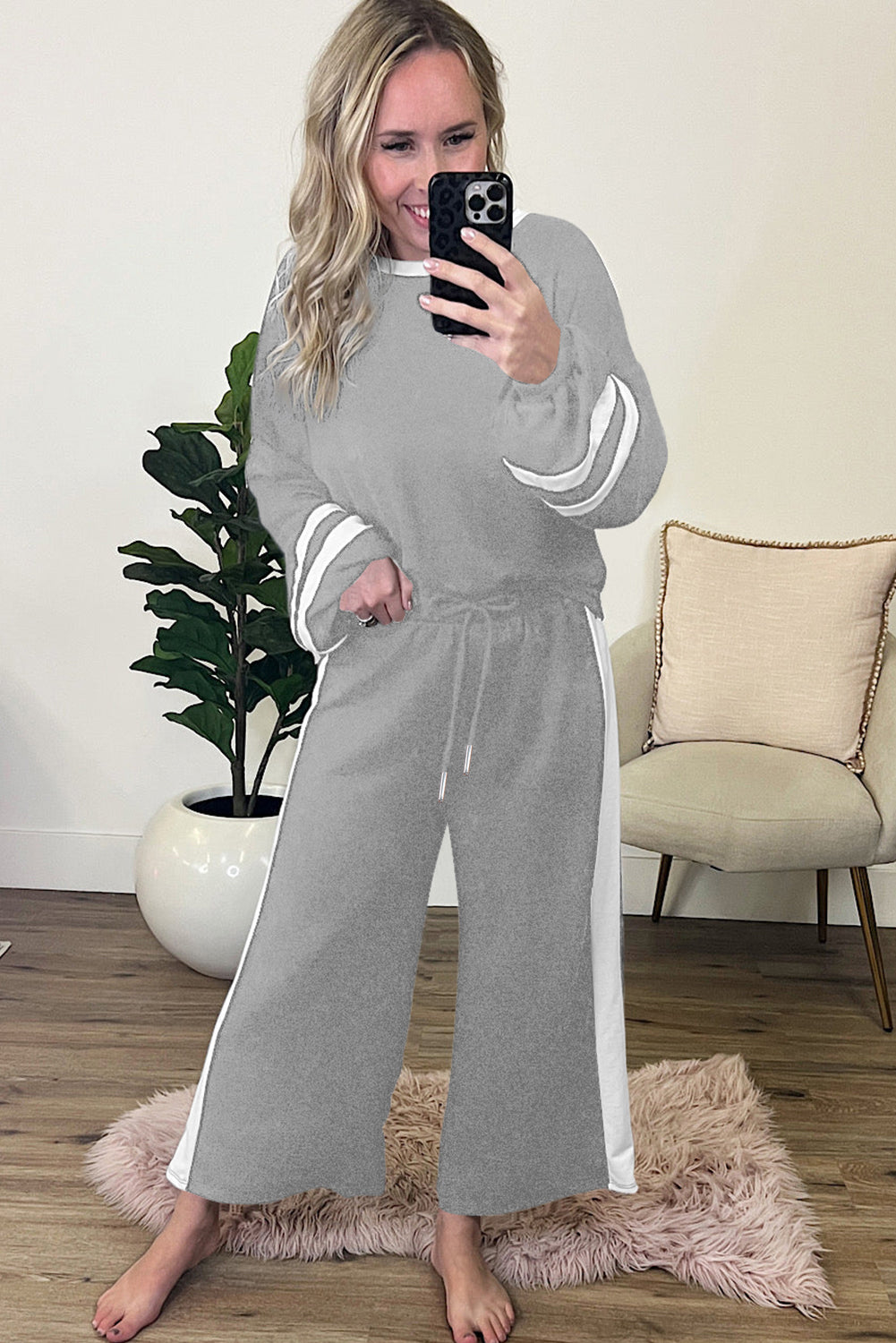 Mineral Red Varsity Stripe Patchwork Puff Sleeve Pullover Drawstring Wide Leg Pant Set