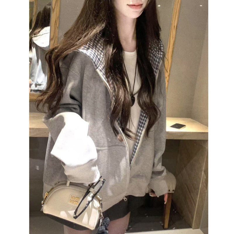 Plaid Loose-fit Cardigan Long-sleeve Zip-up Hoodie Jacket