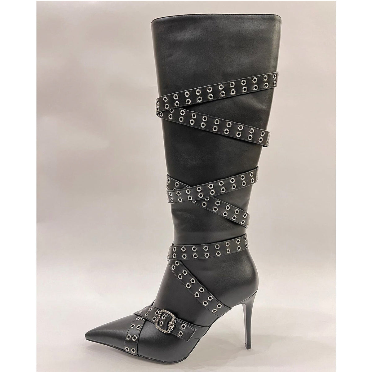 Strap-detail Pointed-toe Studded High-heeled Over-the-knee Boots For Women