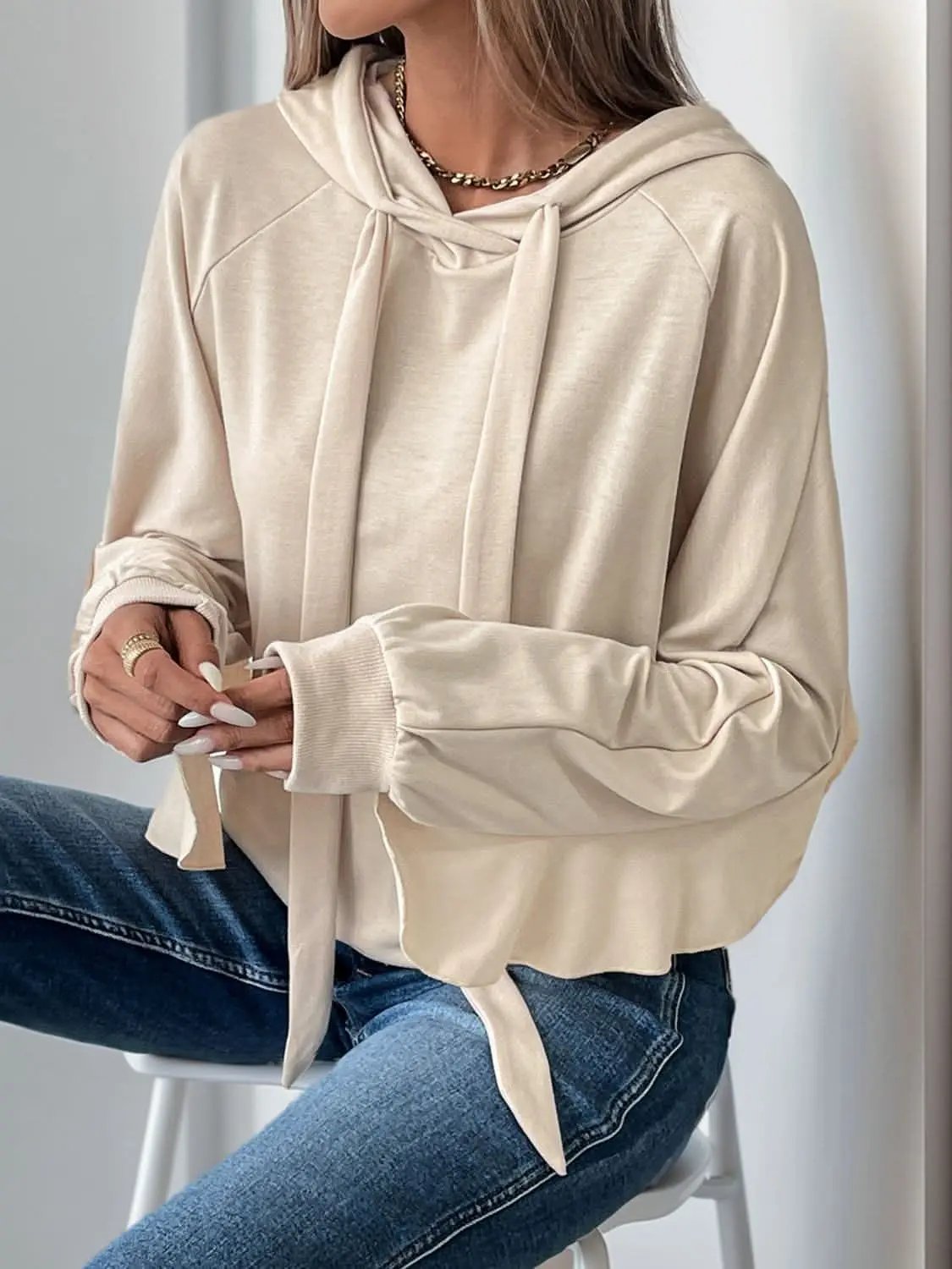 Jackets Trendsi Ruffled Hoodie Women's Casual Drawstring Long Sleeve Top Cozy Stylish