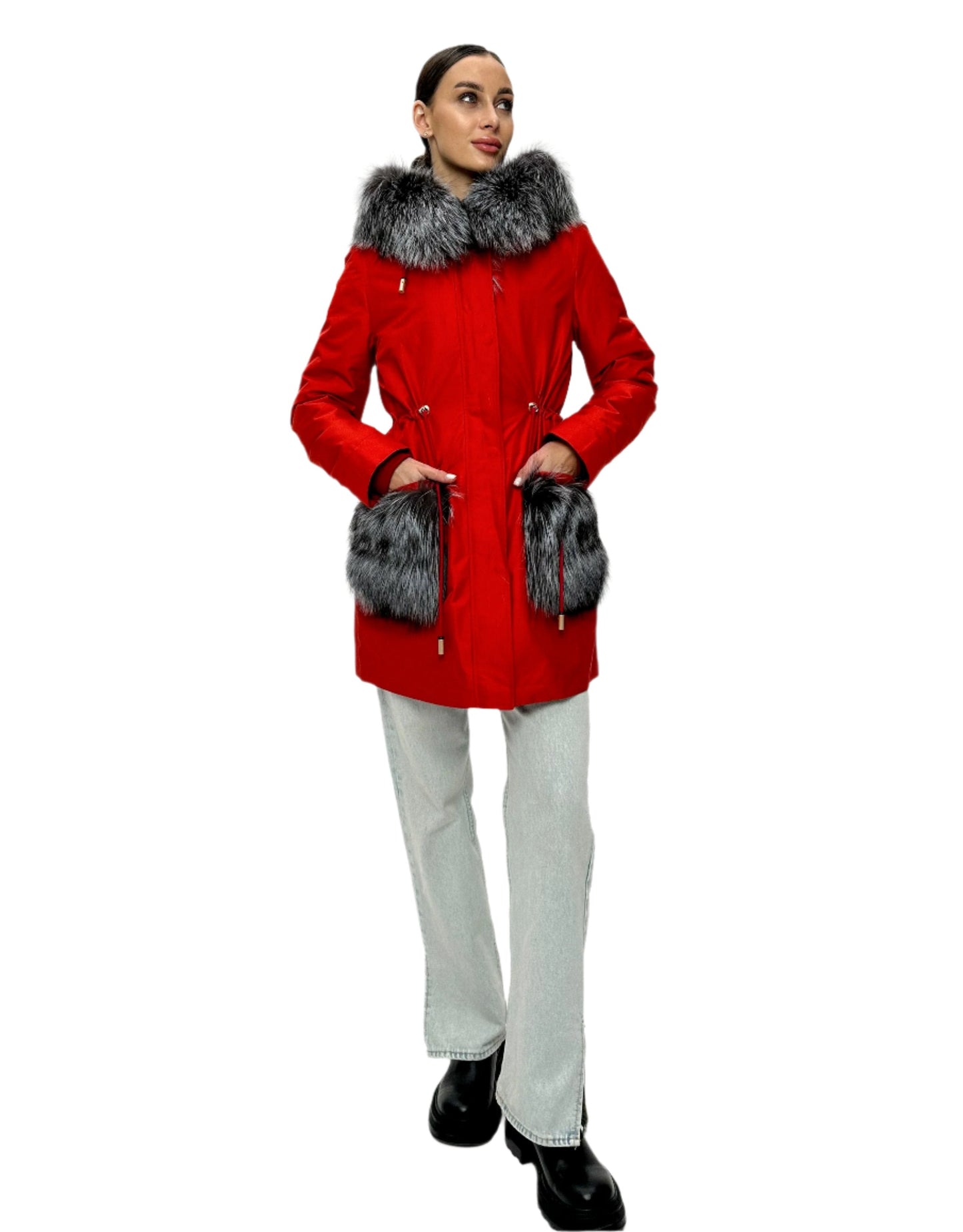 Parka Roma de piel auténtica de zorro plateado y conejo con aislamiento en color rojo