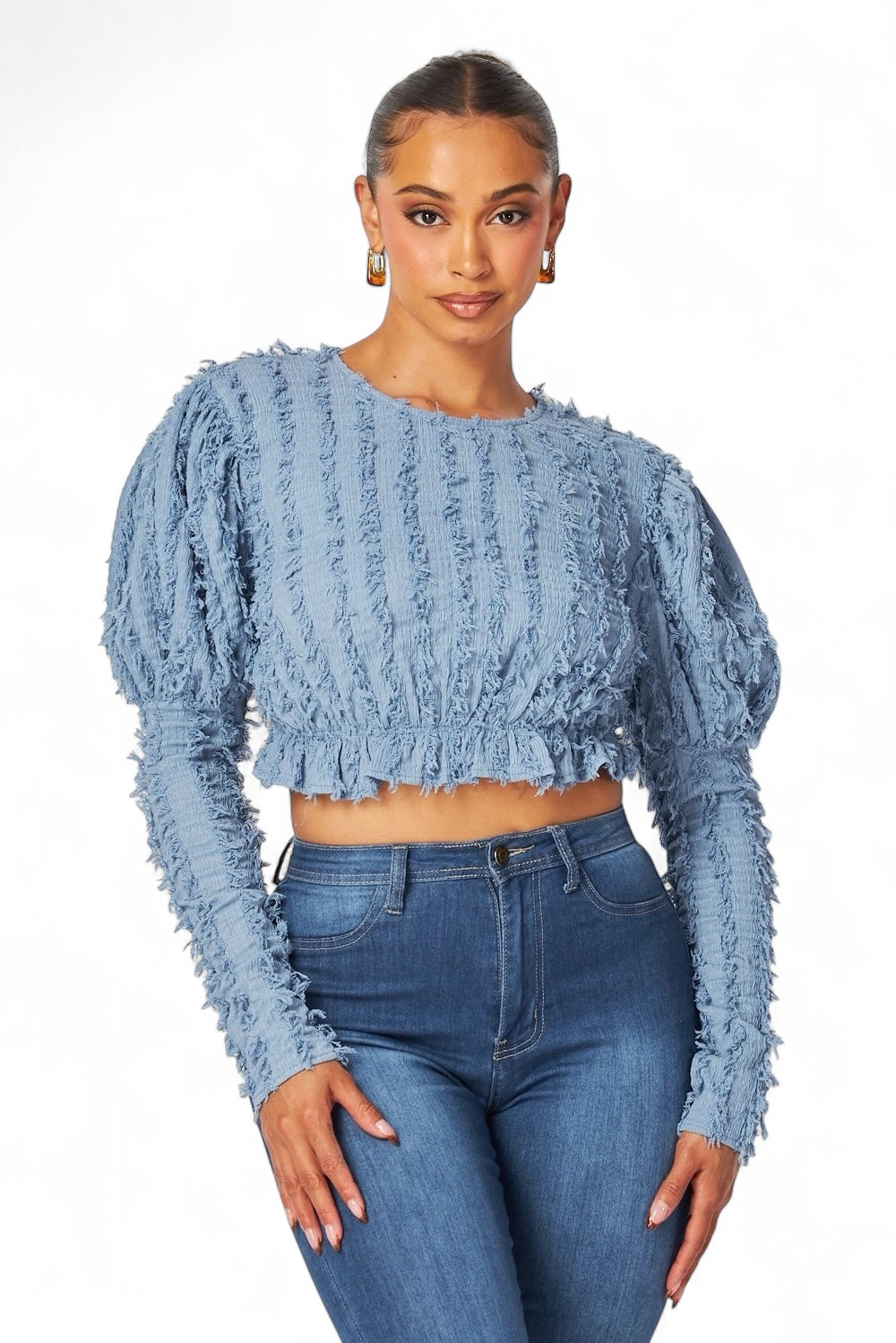 Top corto peplum Alexandria Puff de manga larga y peludo