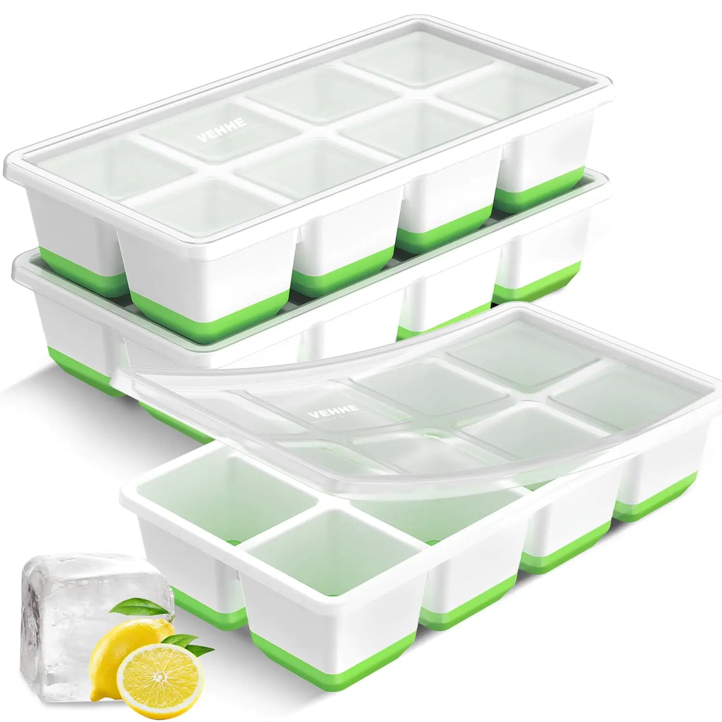 VEHHE Large Ice Cube Molds Stackable Whiskey Ice Cubes Mold Easy Release Ice Molds with Removable Lid for Cocktail Whiskey Juice (Green)