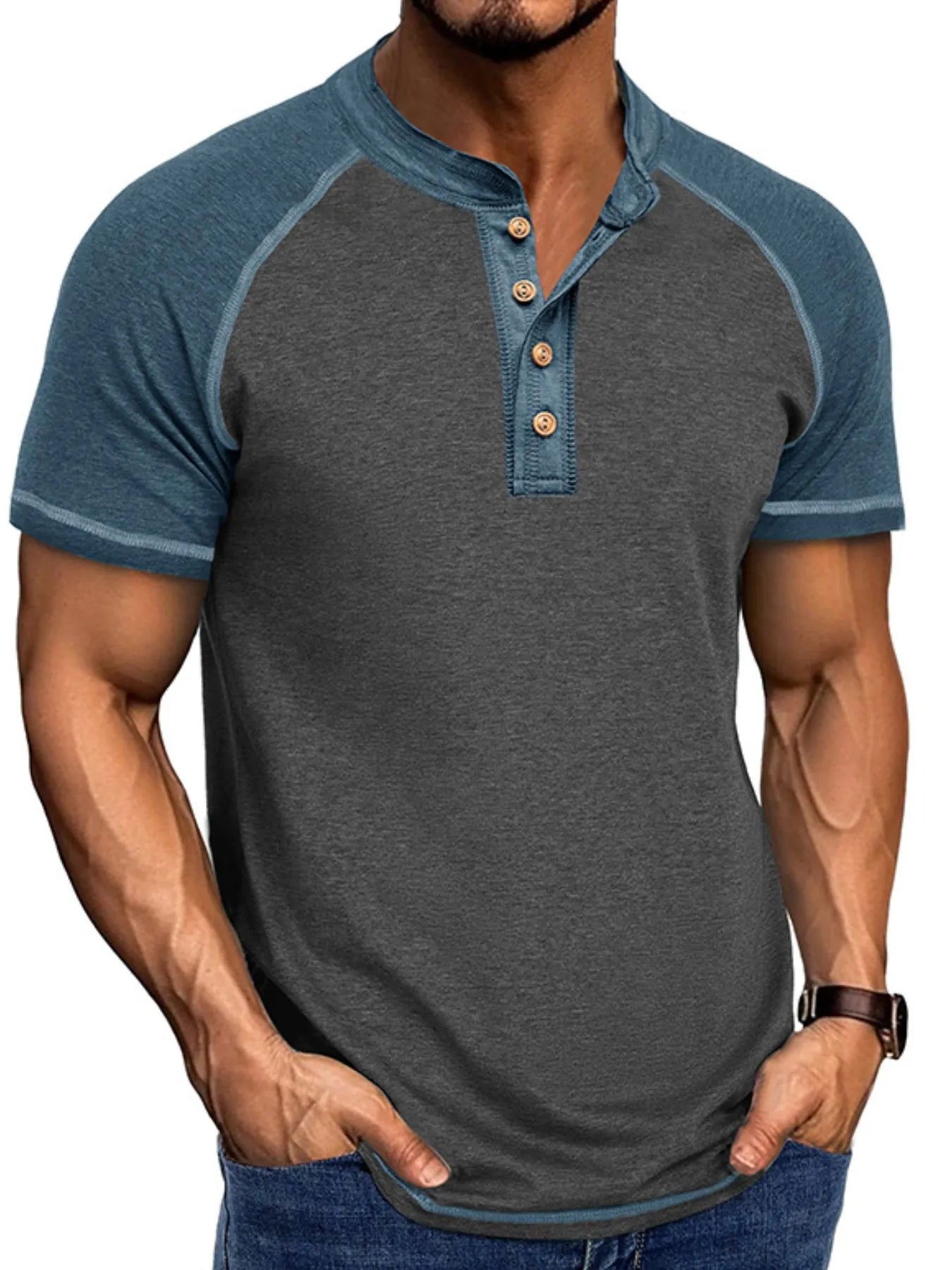 Camiseta Henley Raglán para Hombre con Bloques de Color