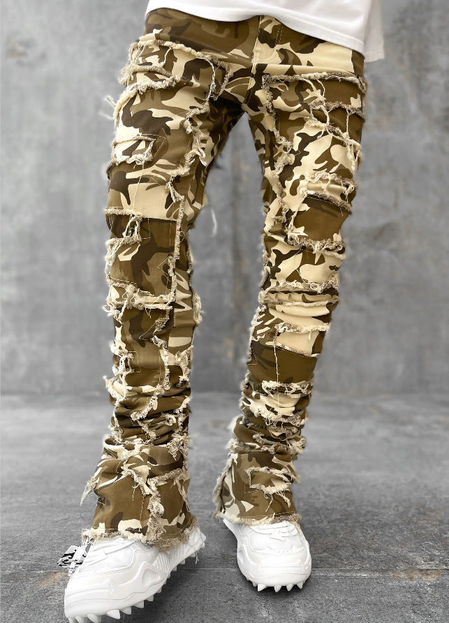 Ins Fringes Ripped Trousers Individual Patched Pants Long Tight Fit Stacked Jeans For Mens Clothing