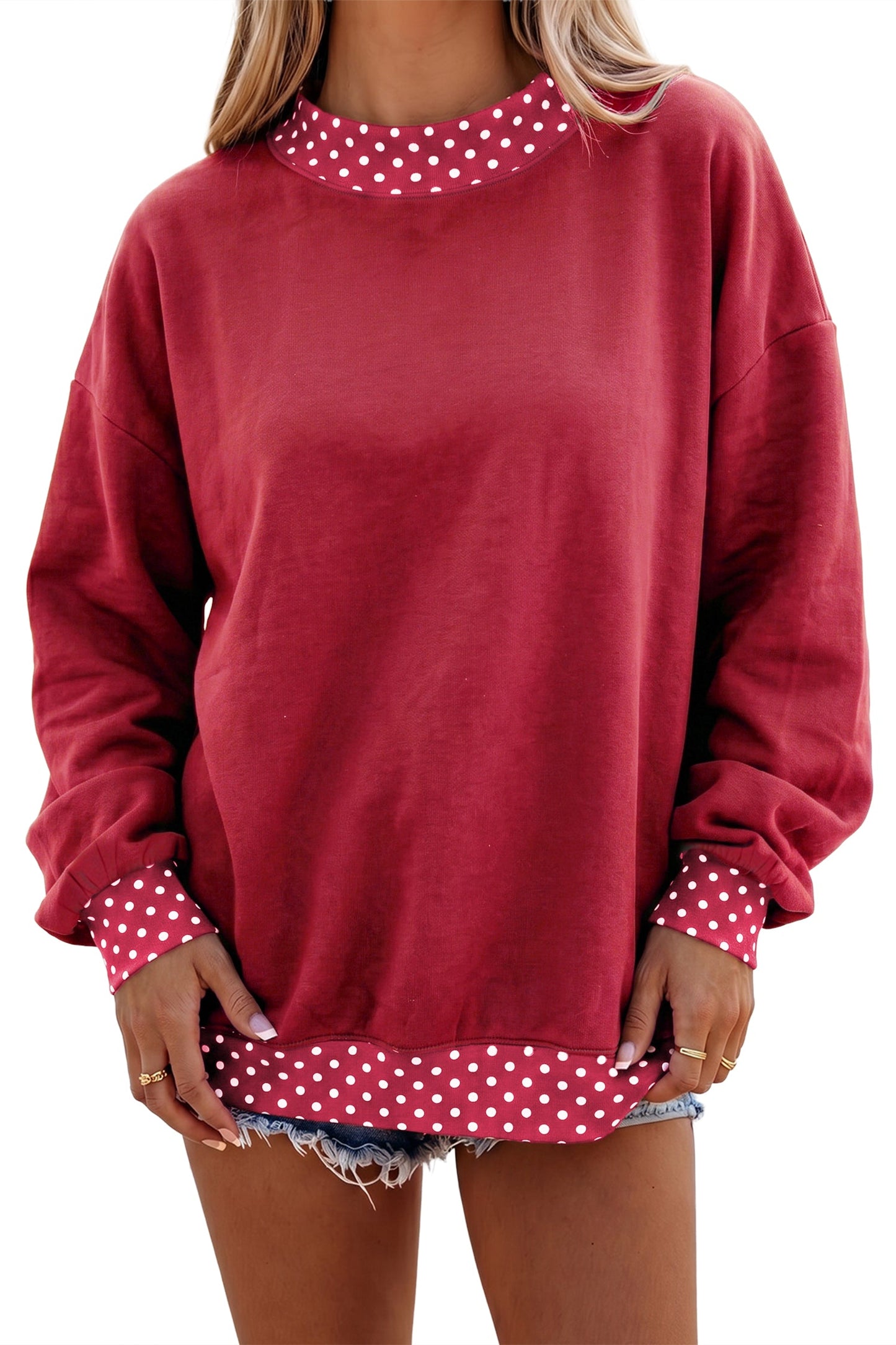 Brown Colorblock Polka Dot Contrast Trim Oversized Sweatshirt