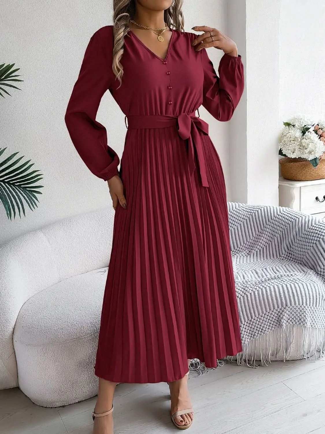 Dresses Trendsi V-Neck Dress Women's Elegant Long Sleeve Sheer Tie Dress Fashion