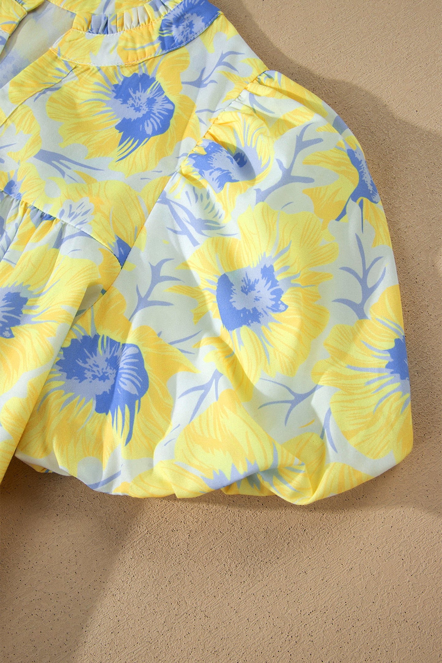 Yellow Short Bubble Sleeve Summer Floral Blouse