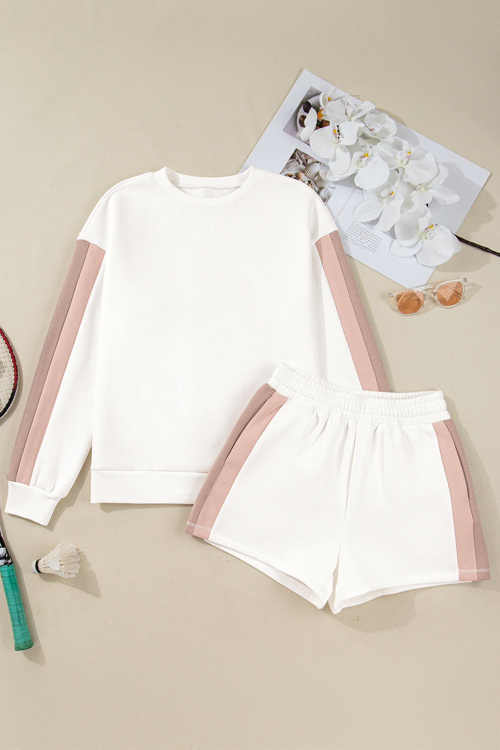 Conjunto de 2 piezas de shorts casuales con jersey y hombro caído, patchwork en bloque de color blanco