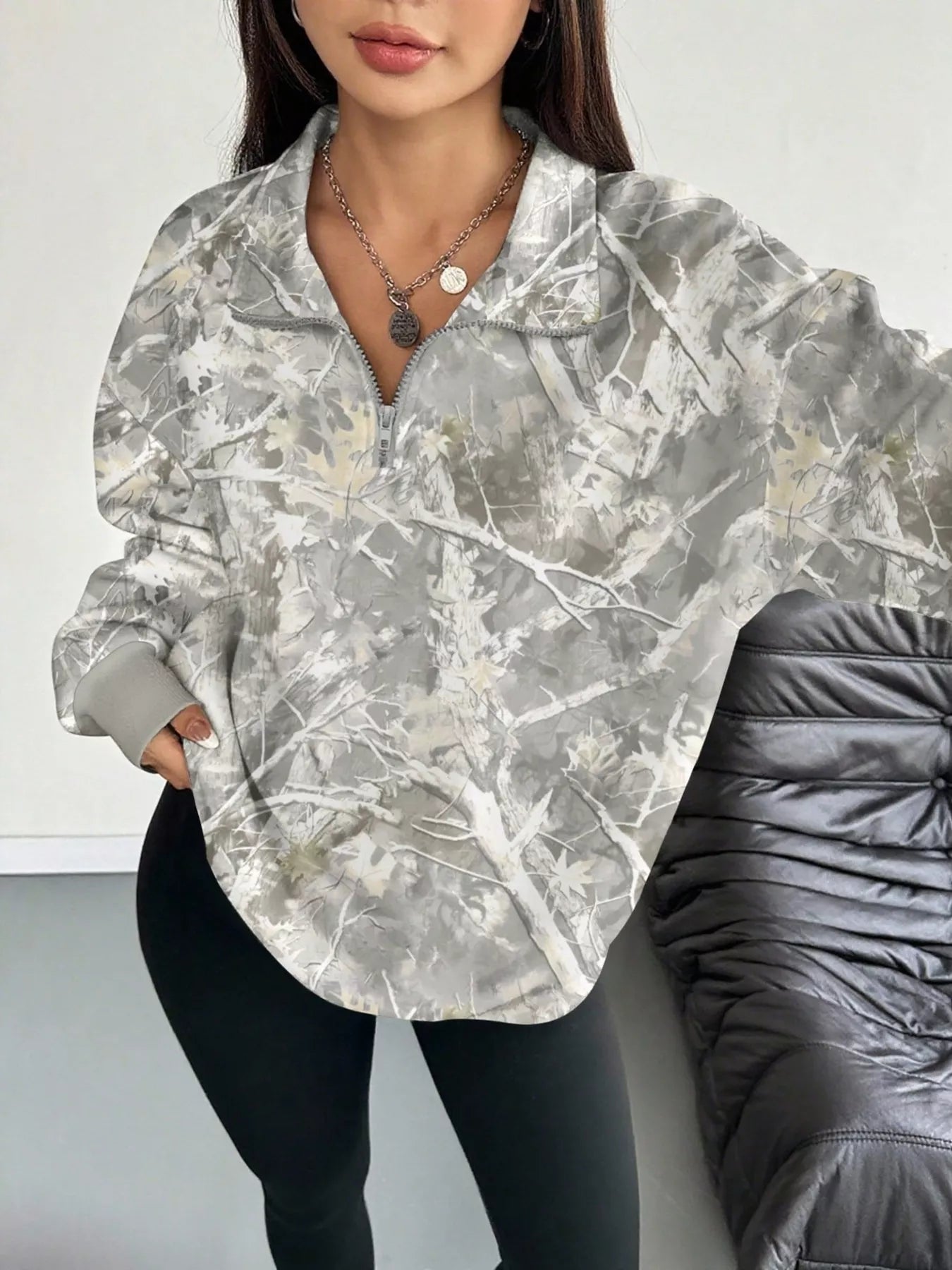 Quarter-Zip Printed Sweatshirt with Ribbed Cuffs