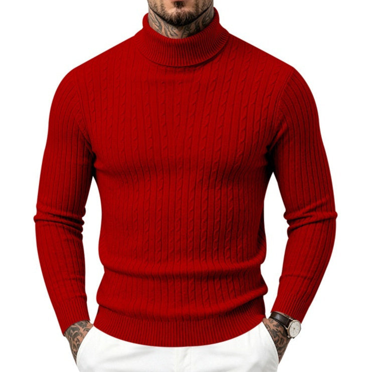 Mens Turtleneck Slim-Fit Vertical-Stripe Casual Long-Sleeve Sweater
