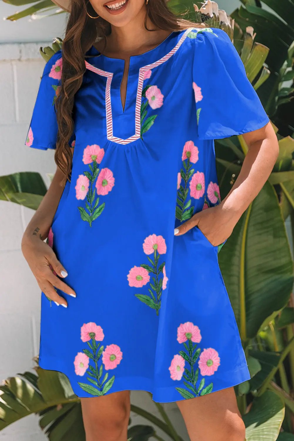 Mini Dress - Blue Floral Short Sleeve - Southern Belle Style